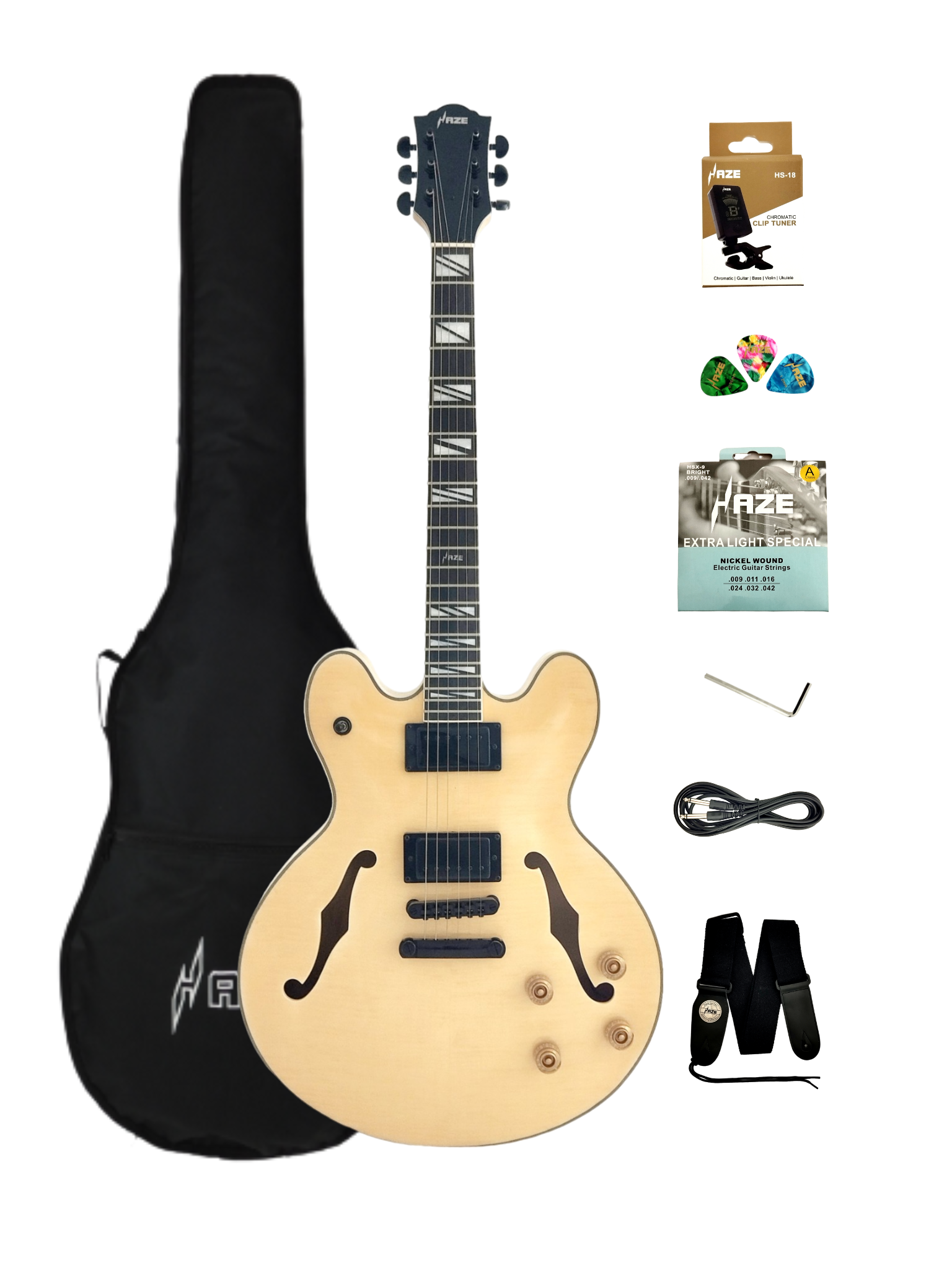 Haze SEG272 Natural Semi-Hollow Electric Guitar with Dual Humbuckers and Flame Maple Top