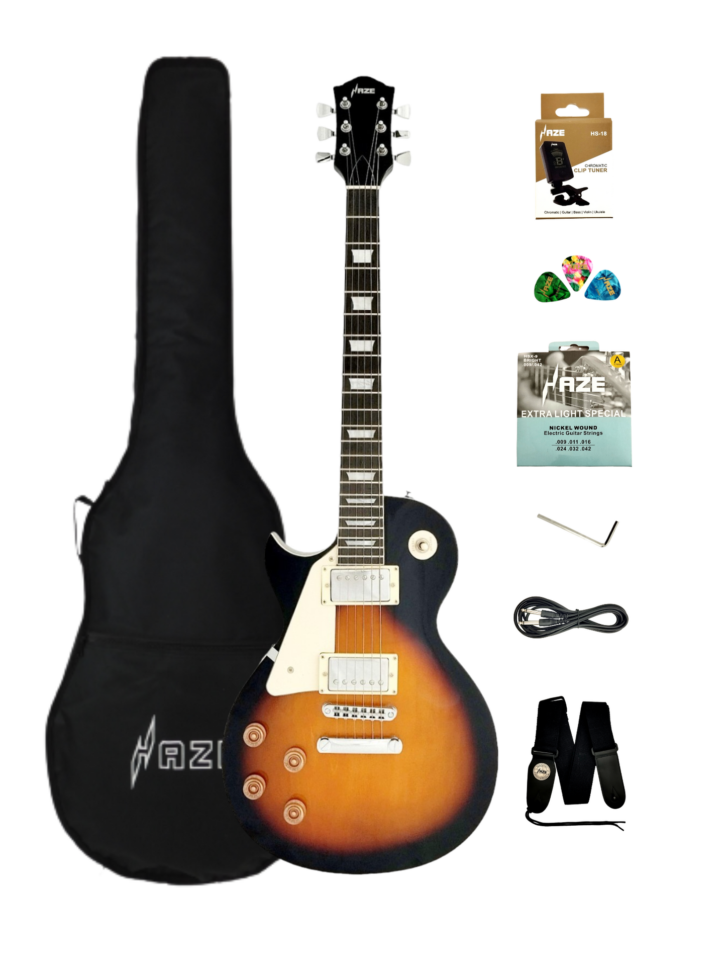 Haze Left Handed HH Maple Electric Guitar - Vintageburst SEG277BSLH with Accessories and 10W Amp. (Optional)