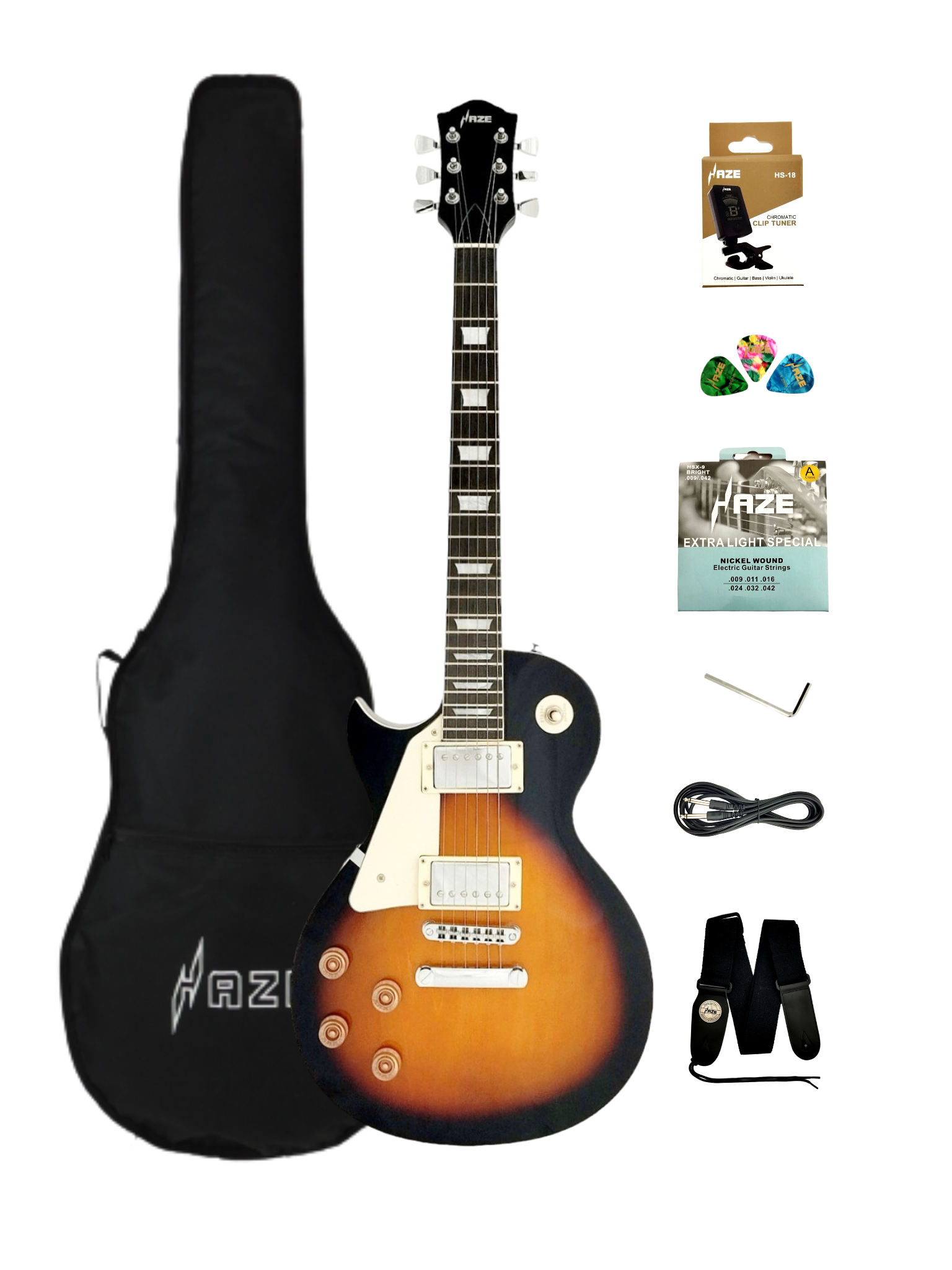 Haze SEG277 Vintageburst Left-Handed Electric Guitar with Humbuckers and Flame Maple Top + 10W Amp. (Optional)