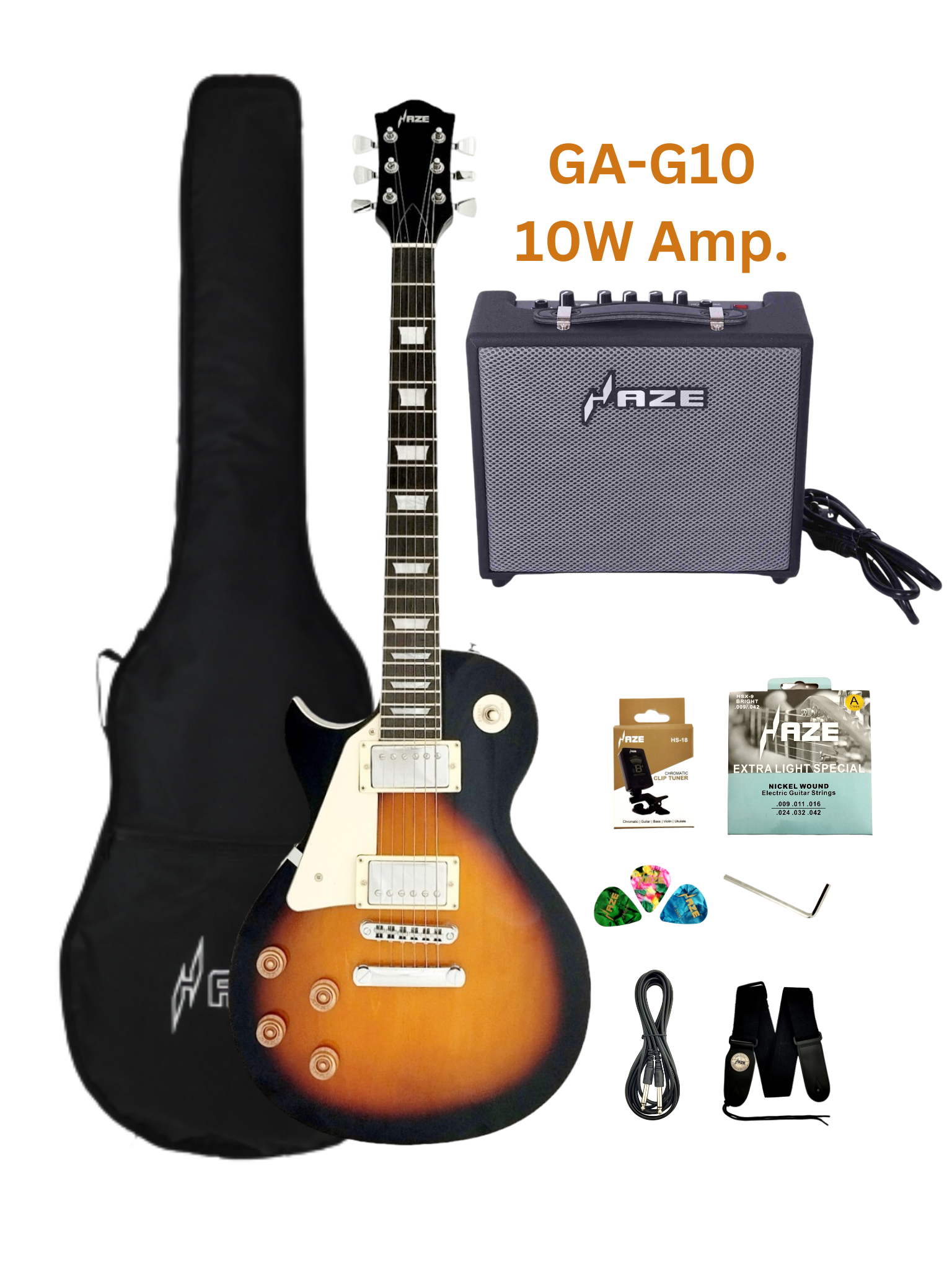 Haze SEG277 Vintageburst Left-Handed Electric Guitar with Humbuckers and Flame Maple Top + 10W Amp. (Optional)