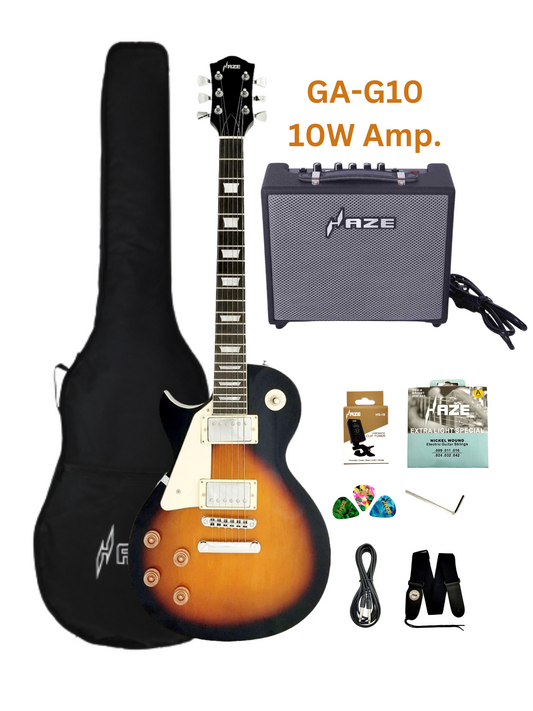 Haze Left Handed HH Maple Electric Guitar - Vintageburst SEG277BSLH with Accessories and 10W Amp. (Optional)