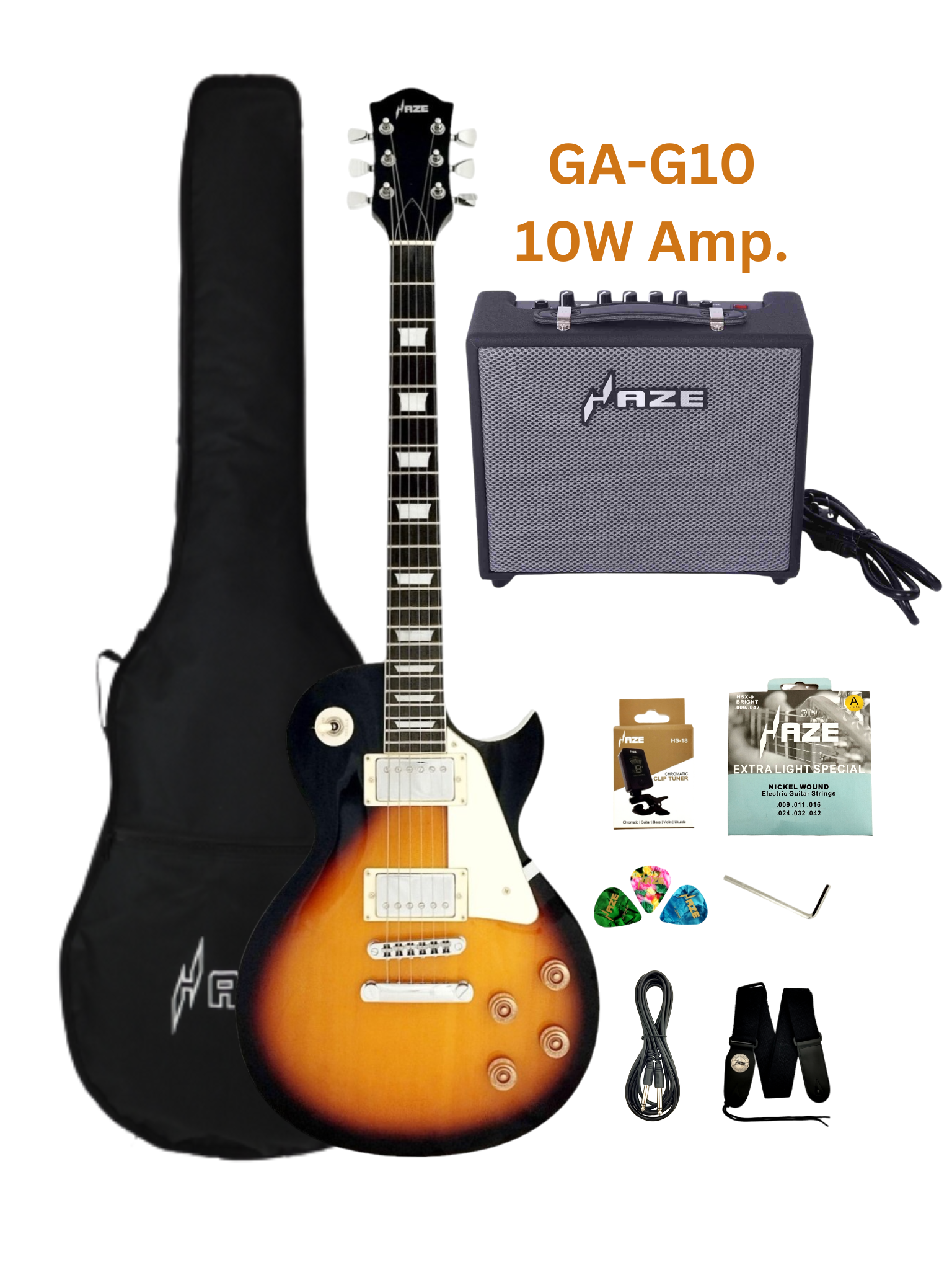 Haze SEG277 Vintageburst Electric Guitar with Humbuckers and Flame Maple Top + 10W Amp. (Optional)