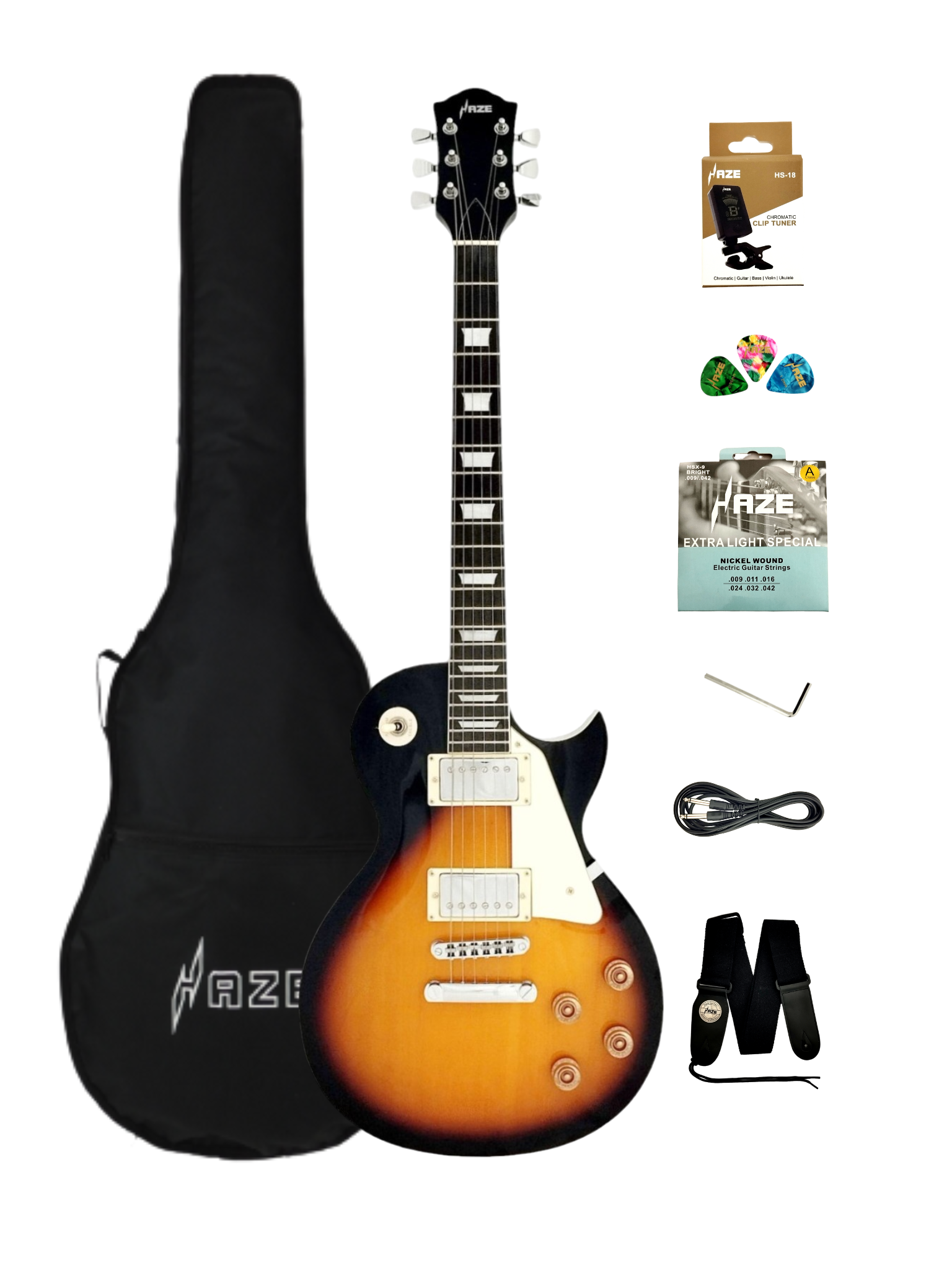 Haze SEG277 Vintageburst Electric Guitar with Humbuckers and Flame Maple Top + 10W Amp. (Optional)