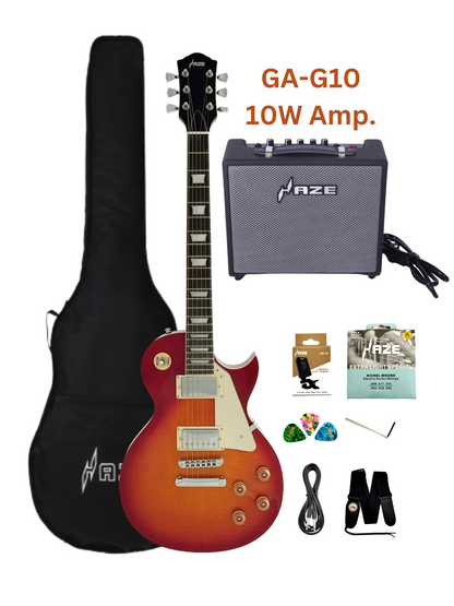 Haze Single-Cut Tiger Flame Maple Maple Neck HLP Electric Guitar - Sunburst SEG277THS with Accessories and 10W Amp. (Optional)