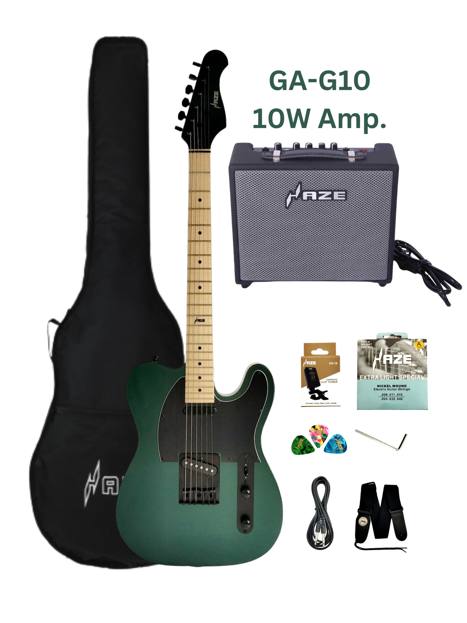 Haze SEG287 Chameleon Green/Purple Electric Guitar with Single Coils + 10W Amp. (Optional)