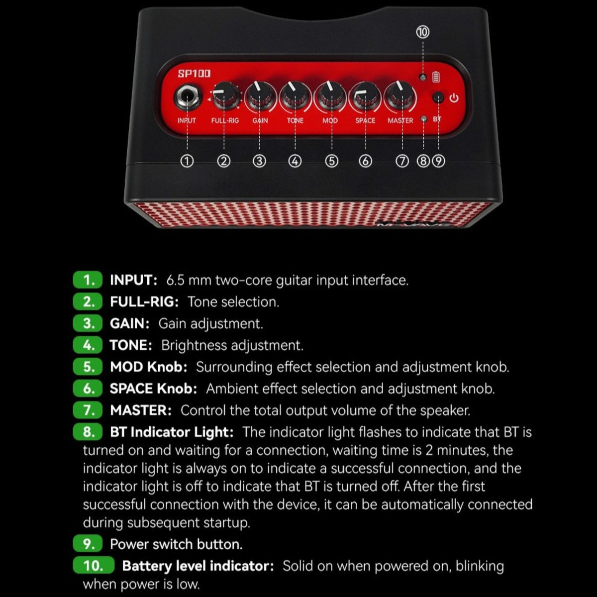 M-VAVE SP100 Portable Rechargable 10W Electric Guitar Amplifier w/ 9 Tones, 6 Effects & Bluetooth