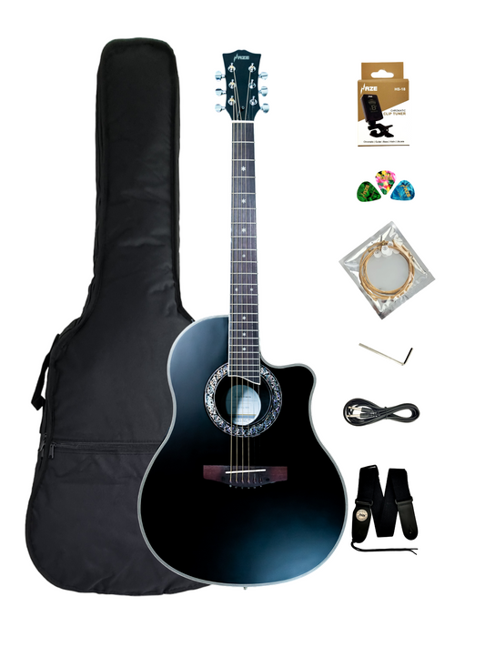 Haze SP721CEQMBK Roundback Built-In Pickups Fibre Glass Back Acoustic Guitar - Black