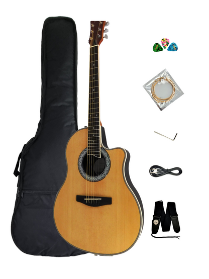 Haze SP721CEQN Fibre Glass Roundback Built-In Pickups/Tuner Acoustic Guitar - Natural with Accessories and 10W Amp. (Optional)