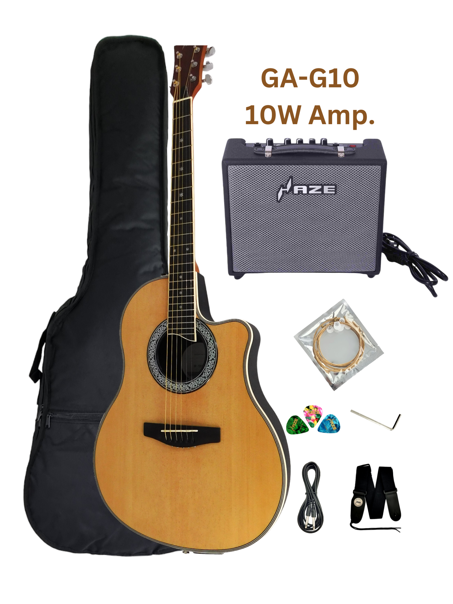 Haze SP721CEQN Fibre Glass Roundback Built-In Pickups/Tuner Acoustic Guitar - Natural with Accessories and 10W Amp. (Optional)