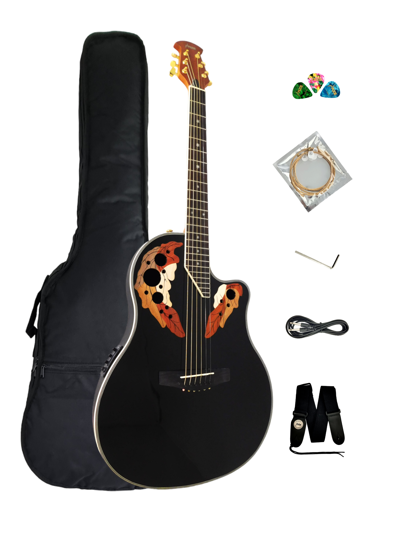 Haze SP723CEQBK Roundback Acoustic Guitar with Built-In Pickups & Tuner – Black, Includes Accessories & Optional 10W Amp