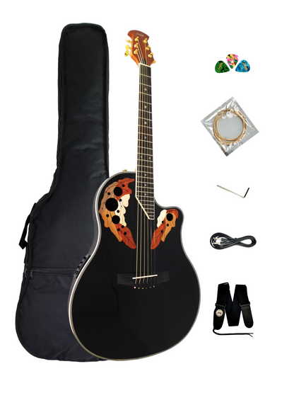 Haze SP723CEQBK Roundback Built-In Pickups/Tuner Acoustic Guitar - Black with Accessories and 10W Amp. (Optional)