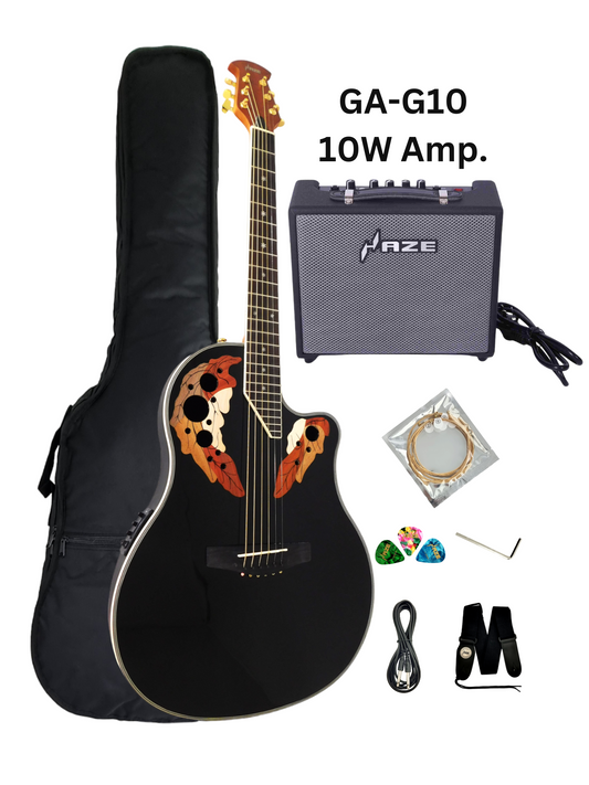 Haze SP723CEQBK Roundback Acoustic Guitar with Built-In Pickups & Tuner – Black, Includes Accessories & Optional 10W Amp