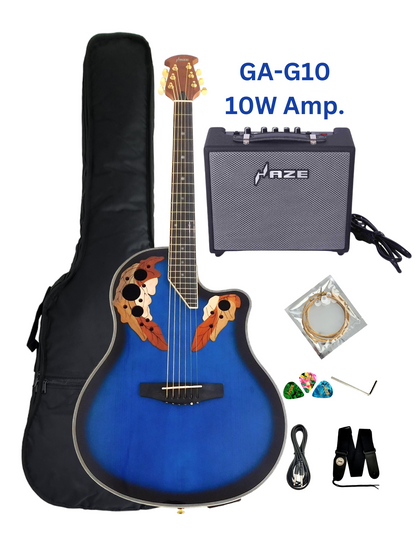 Haze SP723CEQBLS Fibre Glass Roundback Built-In Pickups/Tuner Acoustic Guitar - Blue with Accessories and 10W Amp. (Optional)