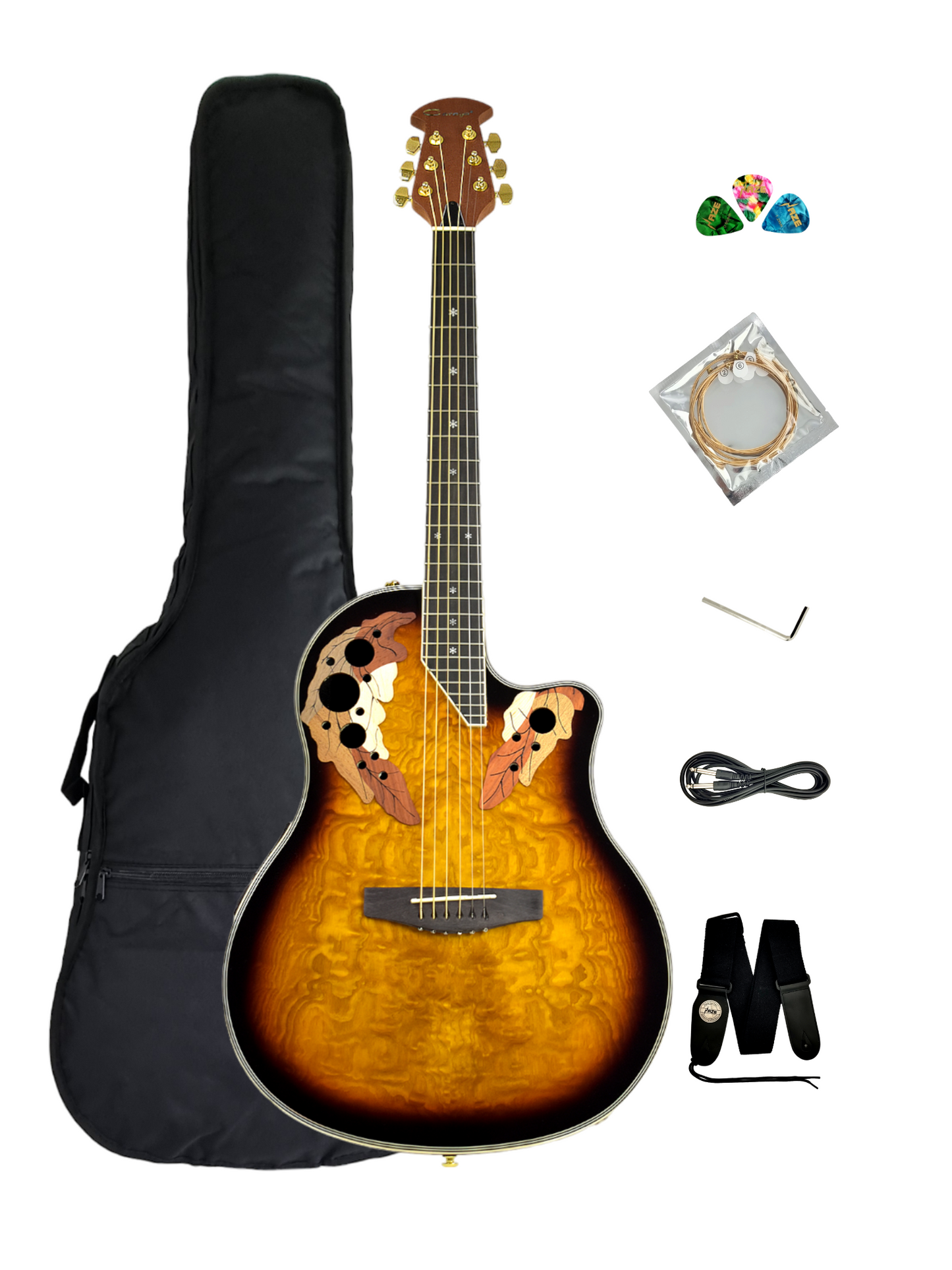 Caraya SP723CEQBS Roundback Built-In Pickups Fibre Glass Back Acoustic Guitar - Sunburst with Accessories and 10W Amp. (Optional)