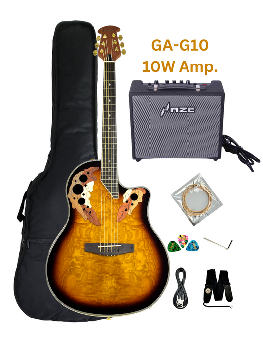 Caraya SP723CEQBS Roundback Built-In Pickups Fibre Glass Back Acoustic Guitar - Sunburst with Accessories and 10W Amp. (Optional)