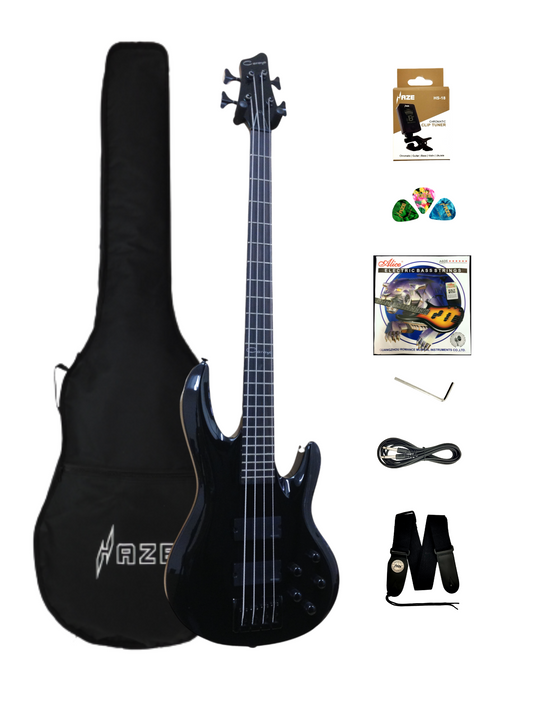 Haze SPB3270BK Fretless 4-String Electric Bass Guitar,Black,Neck-Thru + Free Gig Bag