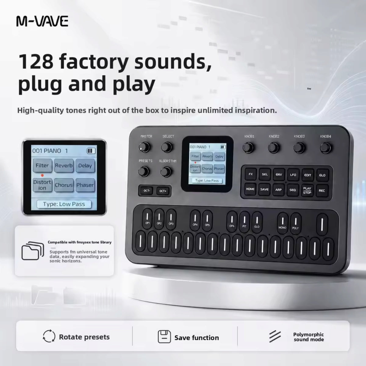M-VAVE FM1 Portable 6-Operator 27-Key FM Keyboard Synthesizer w/ Built-In Effects, Arpeggiator & Sequencer