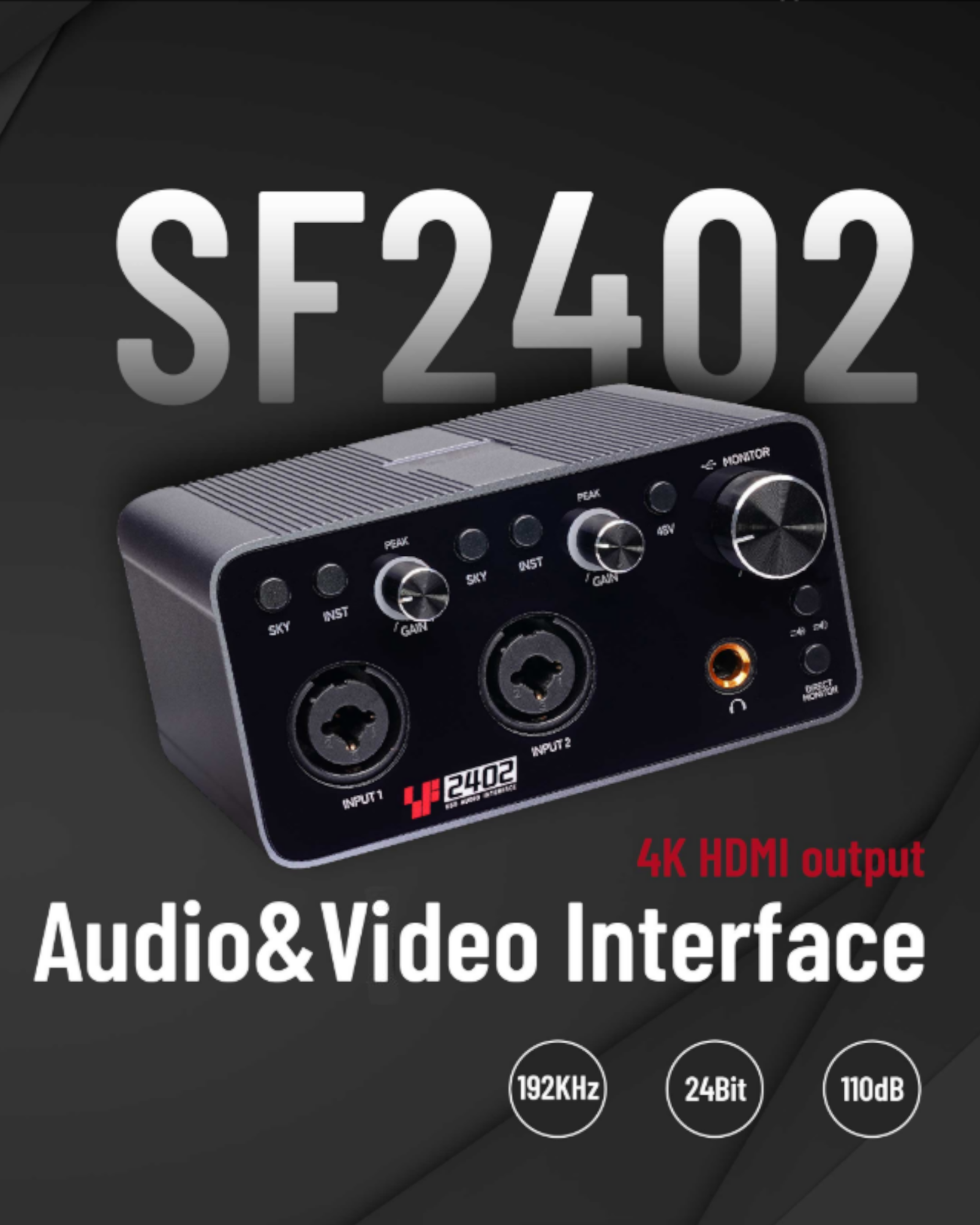 Simplefly Digital Dual-Channel 24bit/192kHz AD/DA Converter 4K HDMI USB-C Audio-Video Interface w/ 48V Phantom Power Supply & Pre-Amp -  SF2402