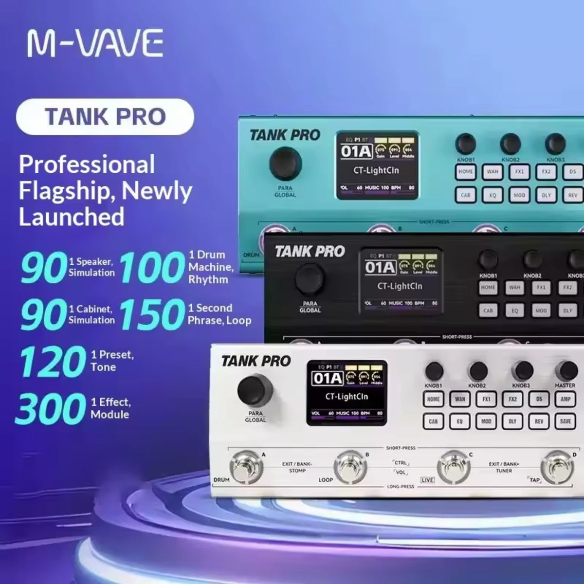 M-VAVE TANKPRO Professional Electric Guitar and Bass Multi-Effects Processor w/ Built-In Drum Machine & Looper
