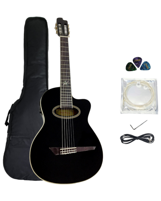 Miguel Rosales Mahogany Oval Soundhole Built-In Pickup/Tuner Classical Guitar - Black MR04CEQBK