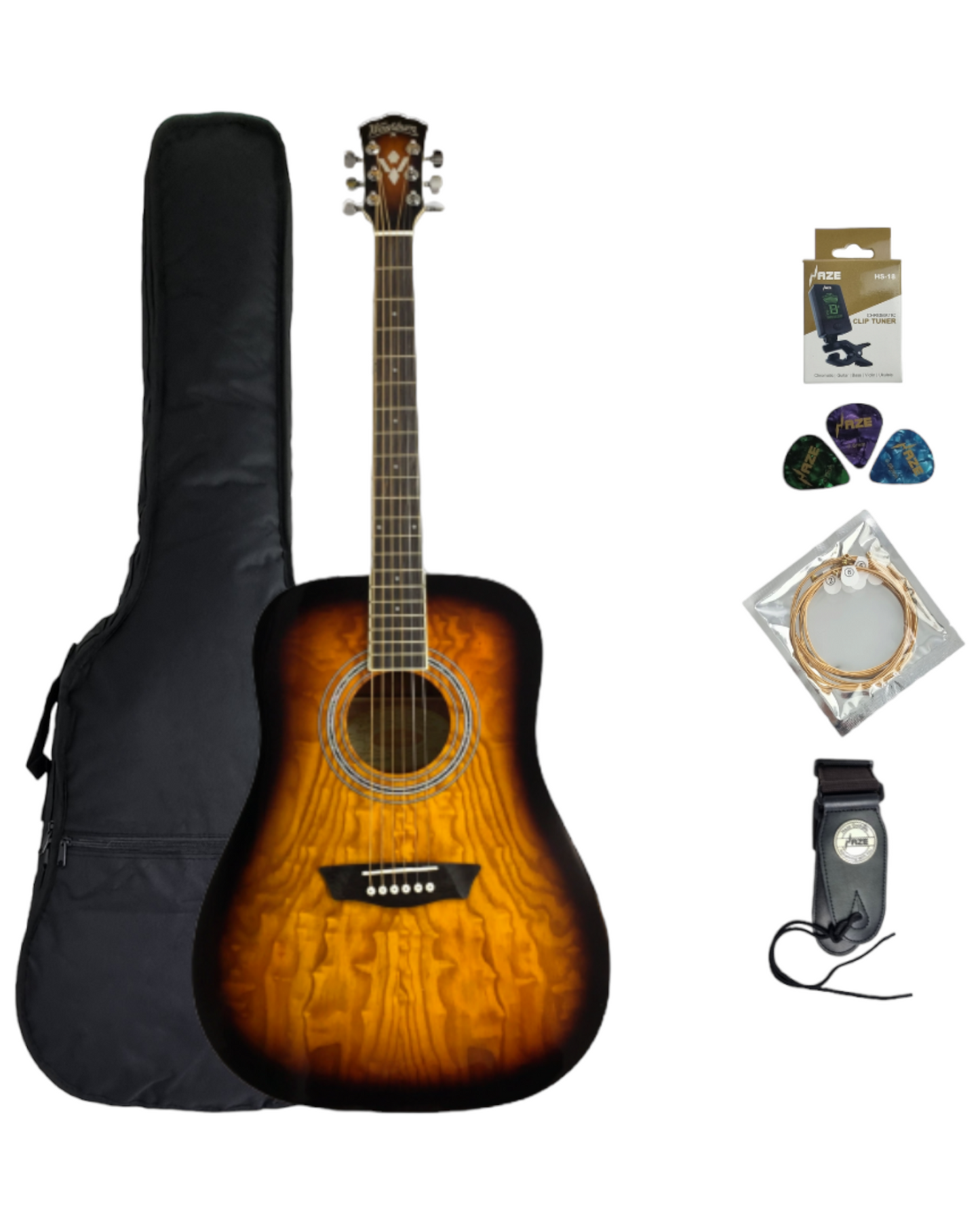 Washburn Solid Quilted Ash Built-In Pickups/Tuner Dreadnought Acoustic Guitar - Sunburst W2021