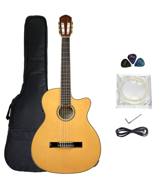 Caraya C551BCEQN Thin-Body Classical Guitar w/Truss Rod, EQ, Tuner + Free Bag
