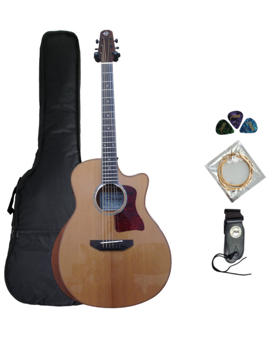 Caraya A2016CEQARCEDAR Solid Cedar Top Electric-Acoustic Guitar w/ Beveled Armrest + Bag