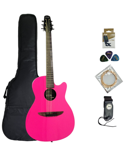 Haze Roundback 3/4 Traveller Built-In Pickups Acoustic Guitar - Pink HSDP836CPK