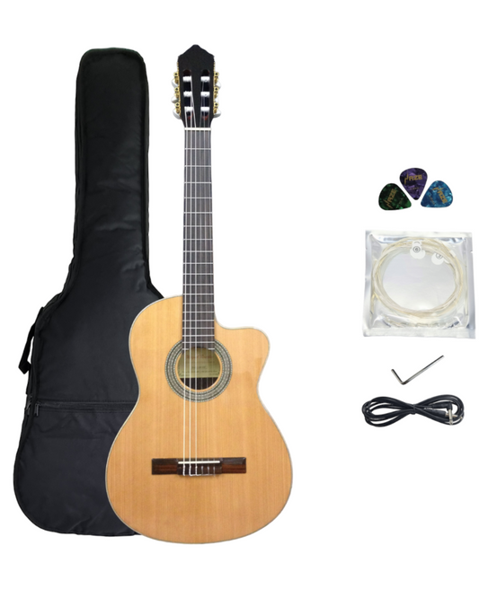 Miguel Rosales C3BCEQCR Solid Cedar Top Thin-body Classical Guitar, Fishman EQ