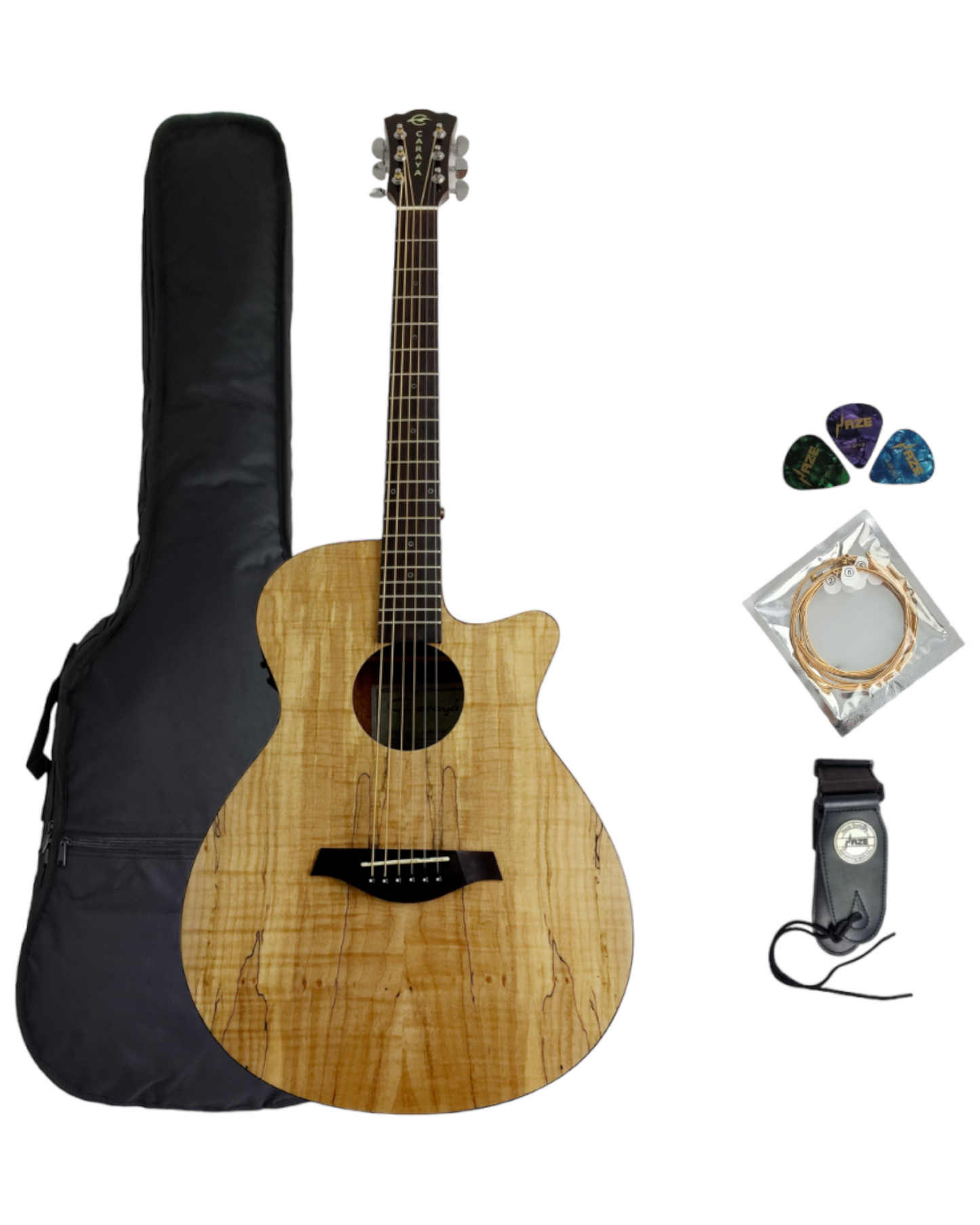 Caraya Spalted Spruce Built-In Pickups/Tuner OM Cutaway Acoustic Guitar - Natural HSGYPSYCEQGC