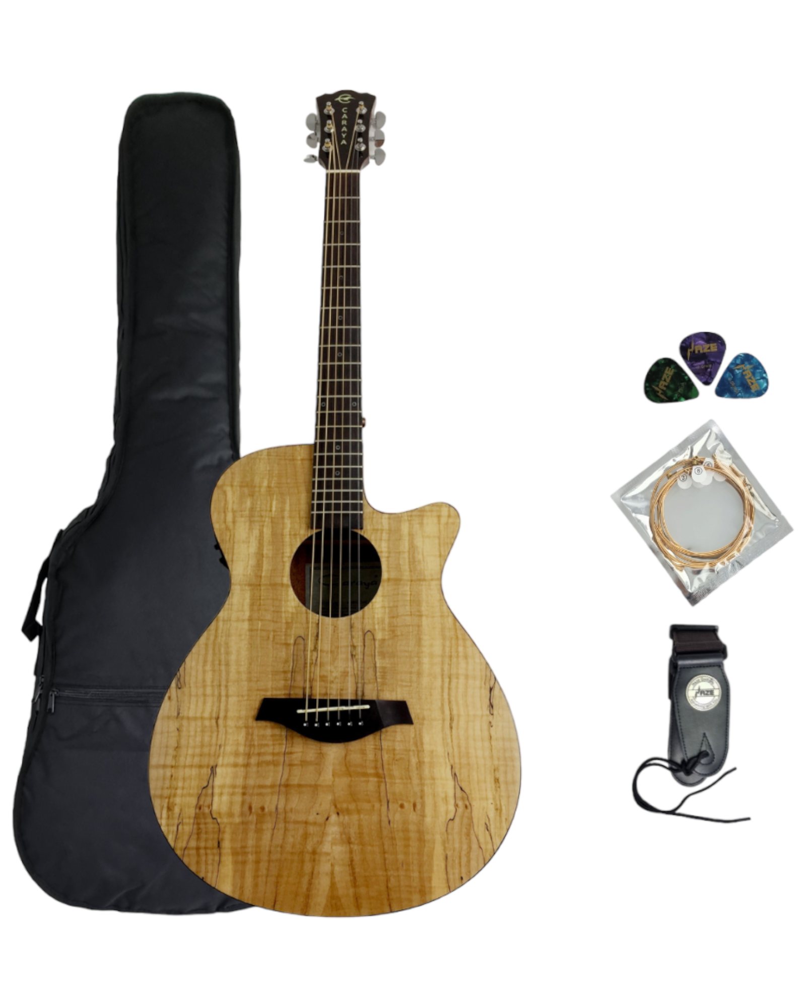 Caraya HSGYPSYCEQGC Spalted Spruce Built-In Pickups/Tuner OM Cutaway Acoustic Guitar - Natural