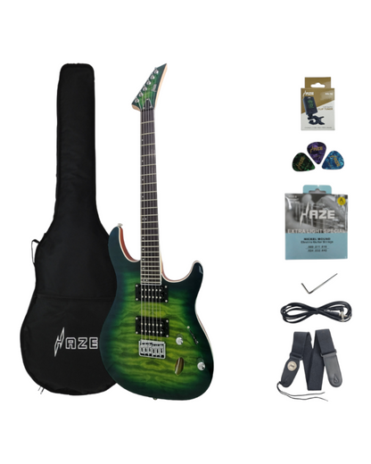Haze HH Maple Neck Quilted Art Electric Guitar - Green