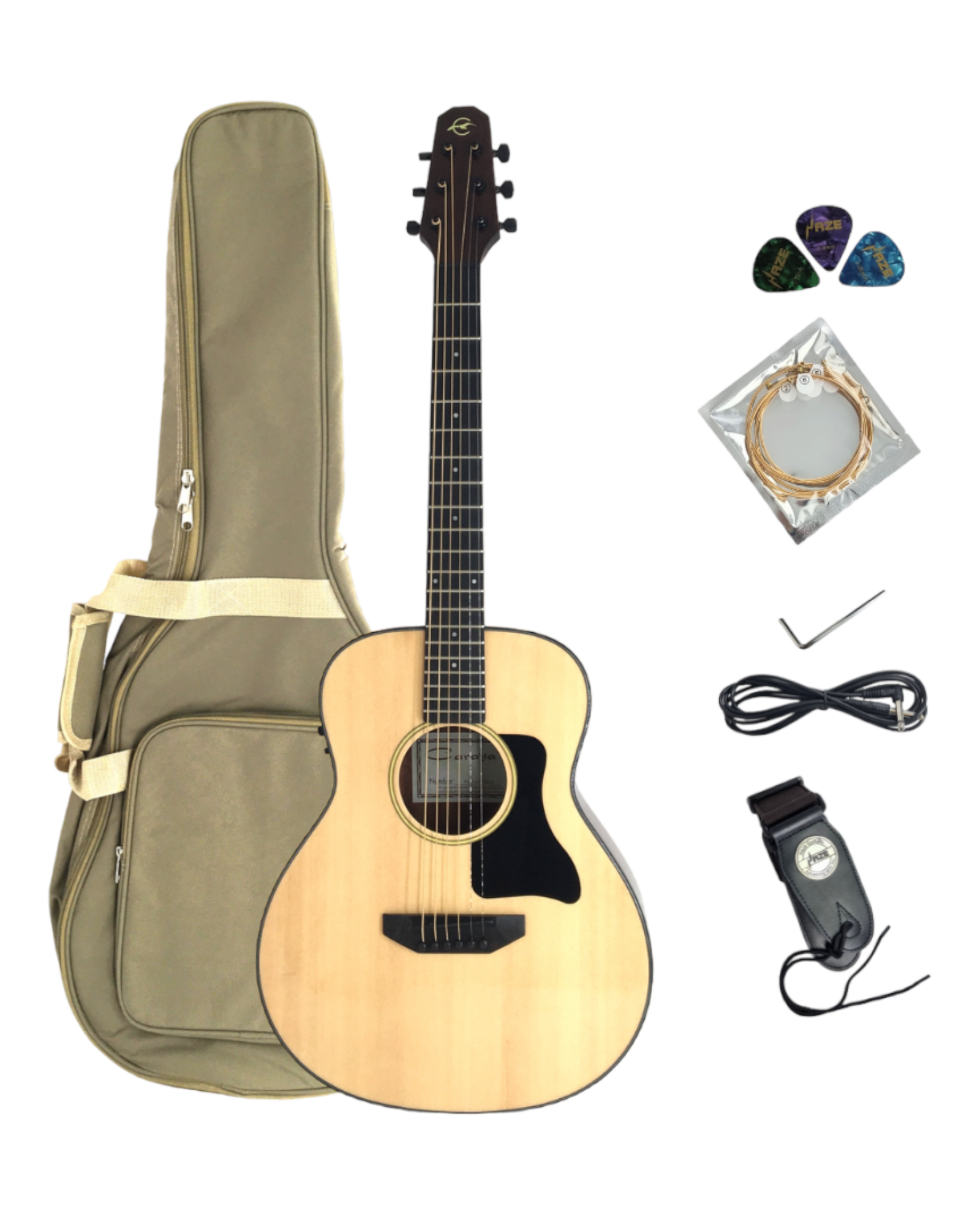 Caraya P301210SEQ 3/4 Traveller Solid Spruce Built-In Pickups/Tuner Acoustic Guitar - Natural