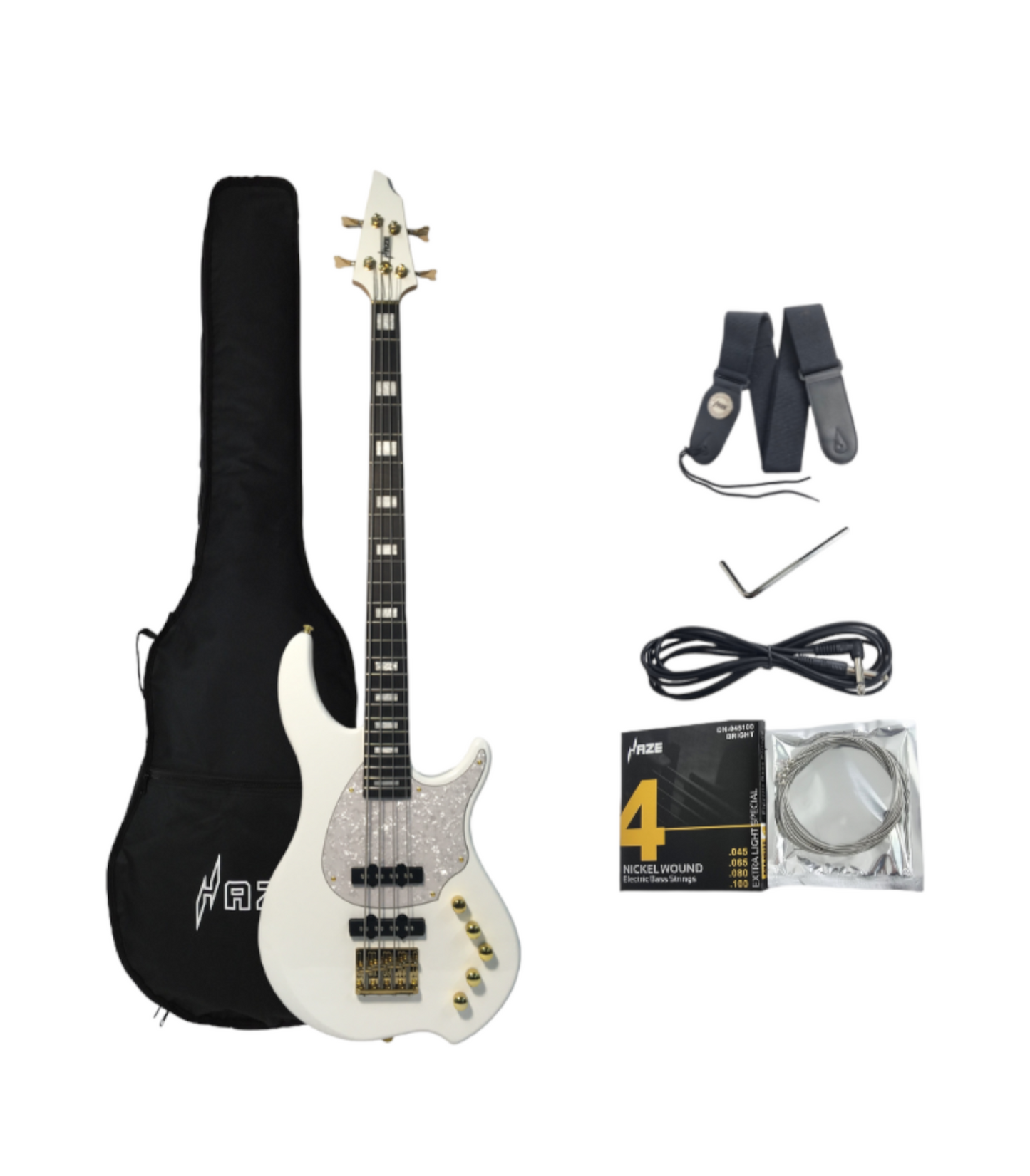 Haze Active Single-Coil Solid Mahogany Hybrid Electric Bass Guitar - White HYBRID4PWH