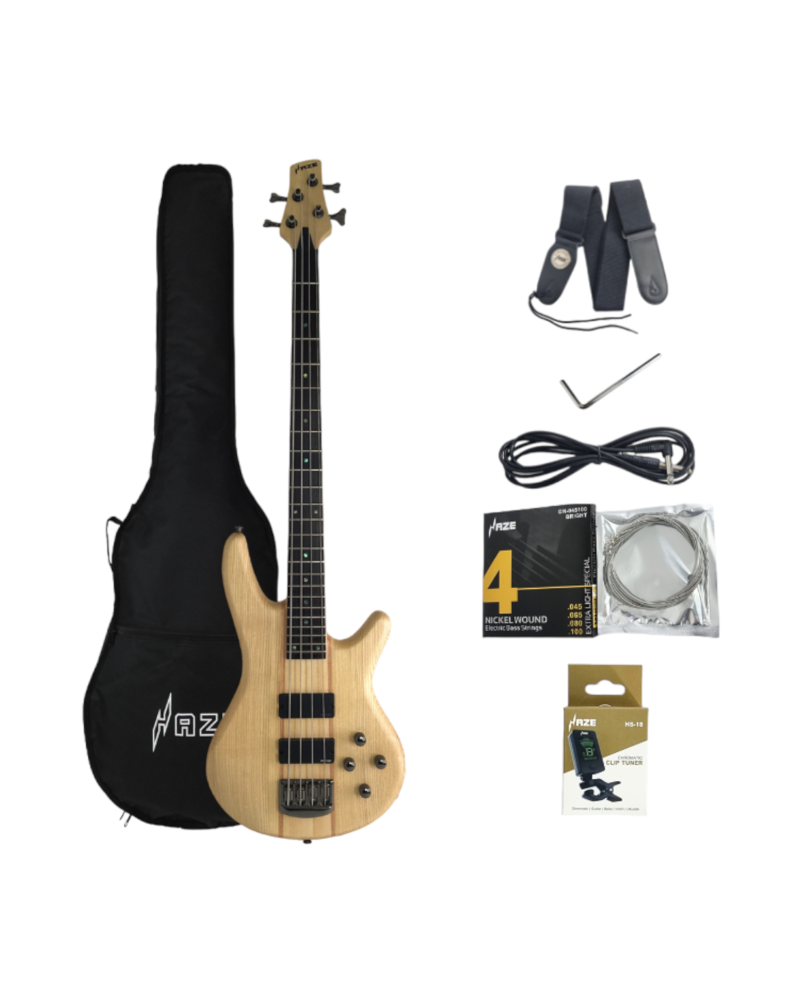 Haze Novara Electric Bass Guitar Premium Ash &amp; Maple Body  - Natural B327N