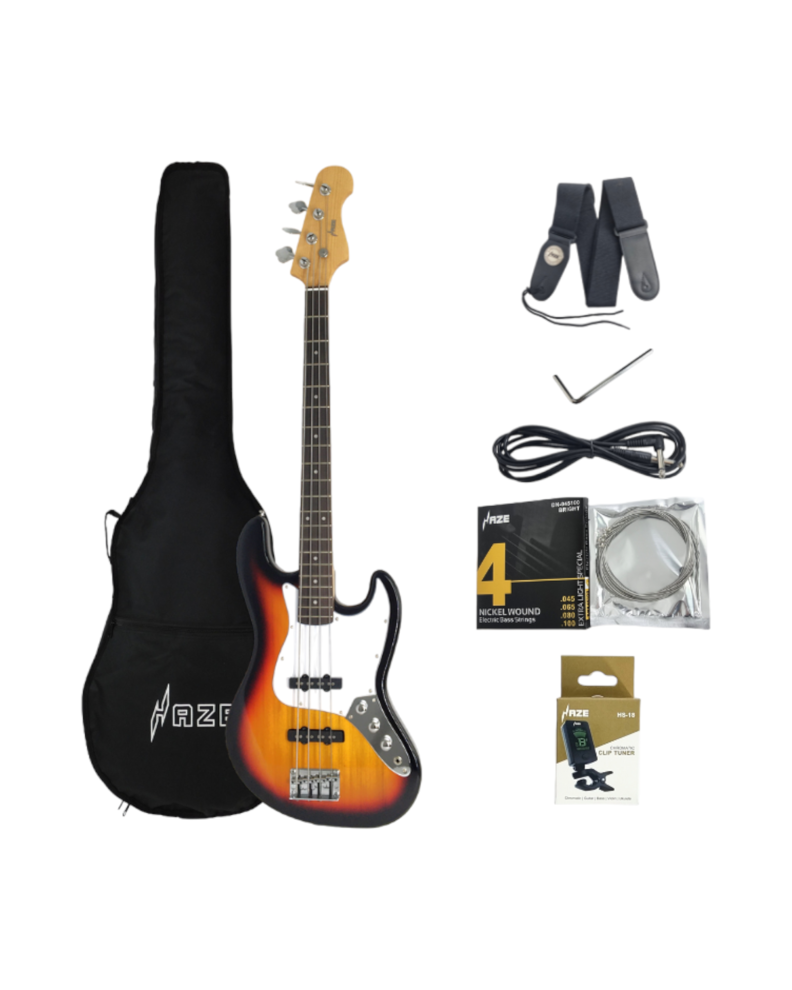 Haze Single-Coil Solid Basswood J-Style Electric Bass Guitar - Sunburst SBG387BS