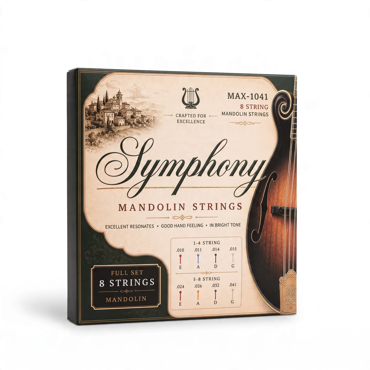 Symphony MAX-1041 8-String Mandolin Strings – High Carbon Steel Core, Brass Wound