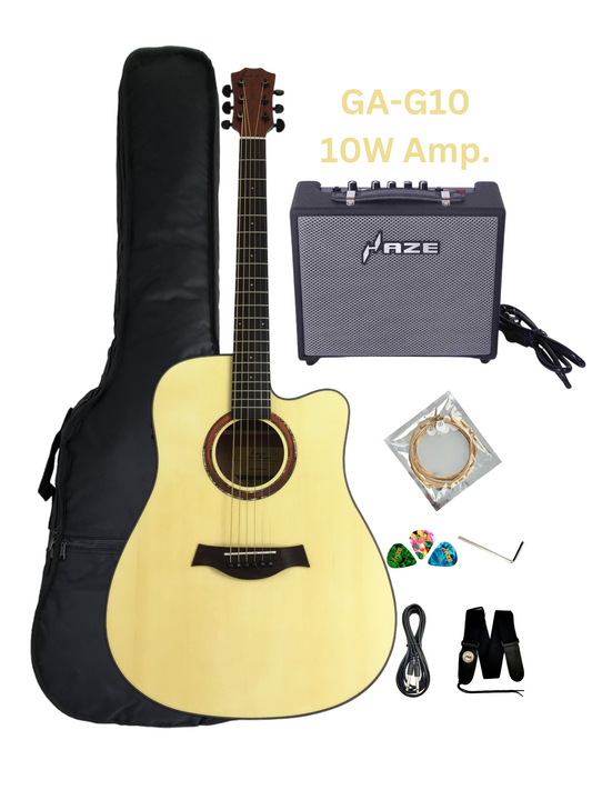 Haze W1654CEQN Solid Spruce Built-In Pickups/Tuner Acoustic Guitar - Natural with Accessories and 10W Amp. (Optional)