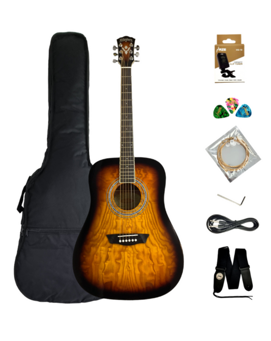 Washburn W2021 Solid Quilted Ash Built-In Pickups/Tuner Dreadnought Acoustic Guitar - Sunburst