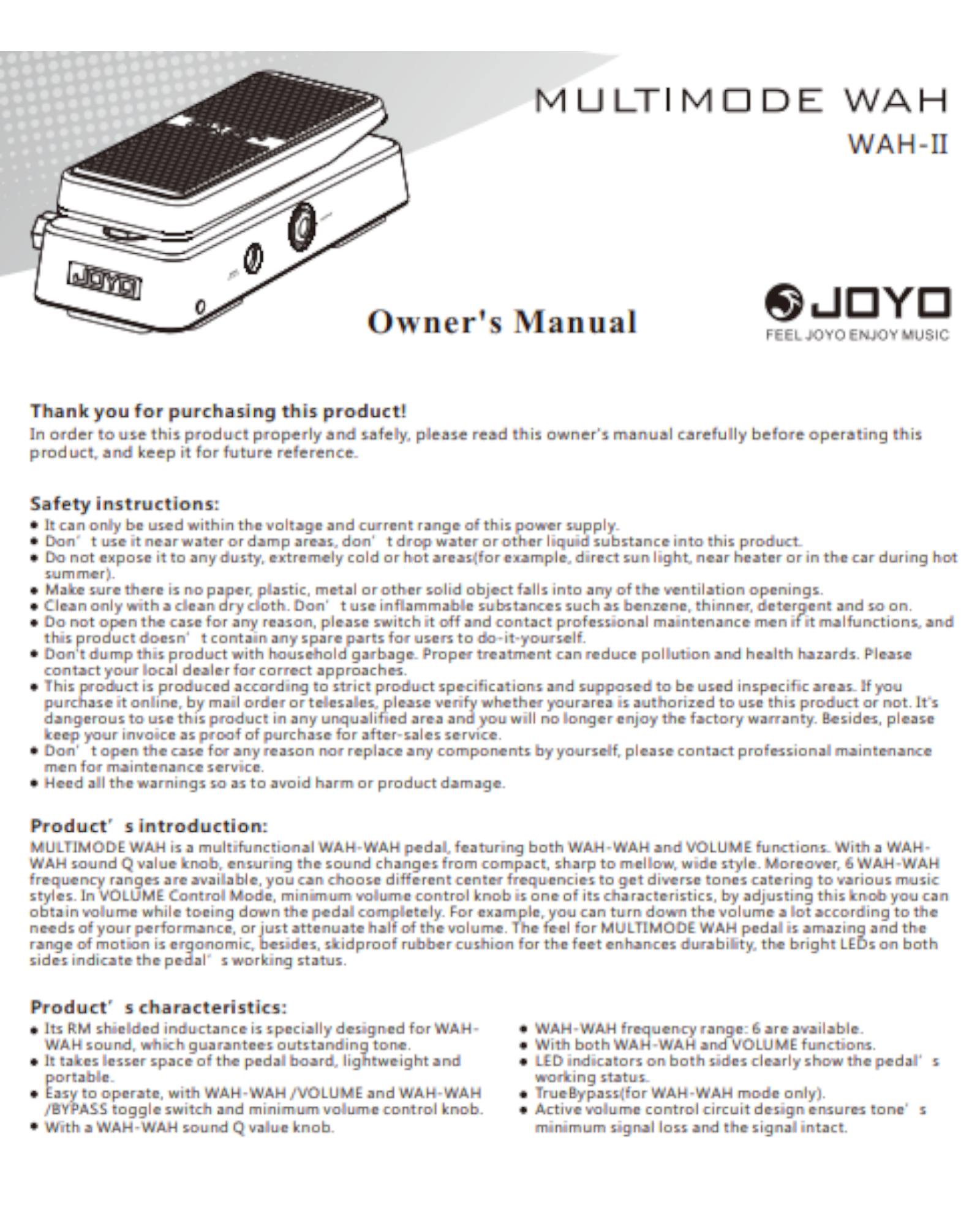 Joyo Wah-II Multifunctional Wah-Wah and Volume Guitar Effect Pedal w/ Q Control & True Bypass - WAHII