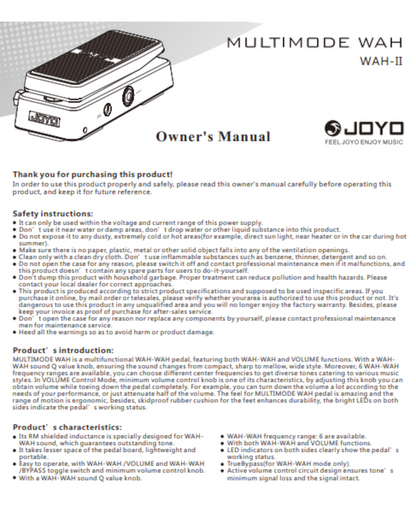 Joyo Wah-II Multifunctional Wah-Wah and Volume Guitar Pedal w/ Q Control & True Bypass - WAHII