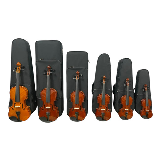 Caraya MV001 Solid Spruce Top 4/4 to 1/16 Size Violin Outfit in Natural Gloss w/ Foam Case, Bow, and Rosin