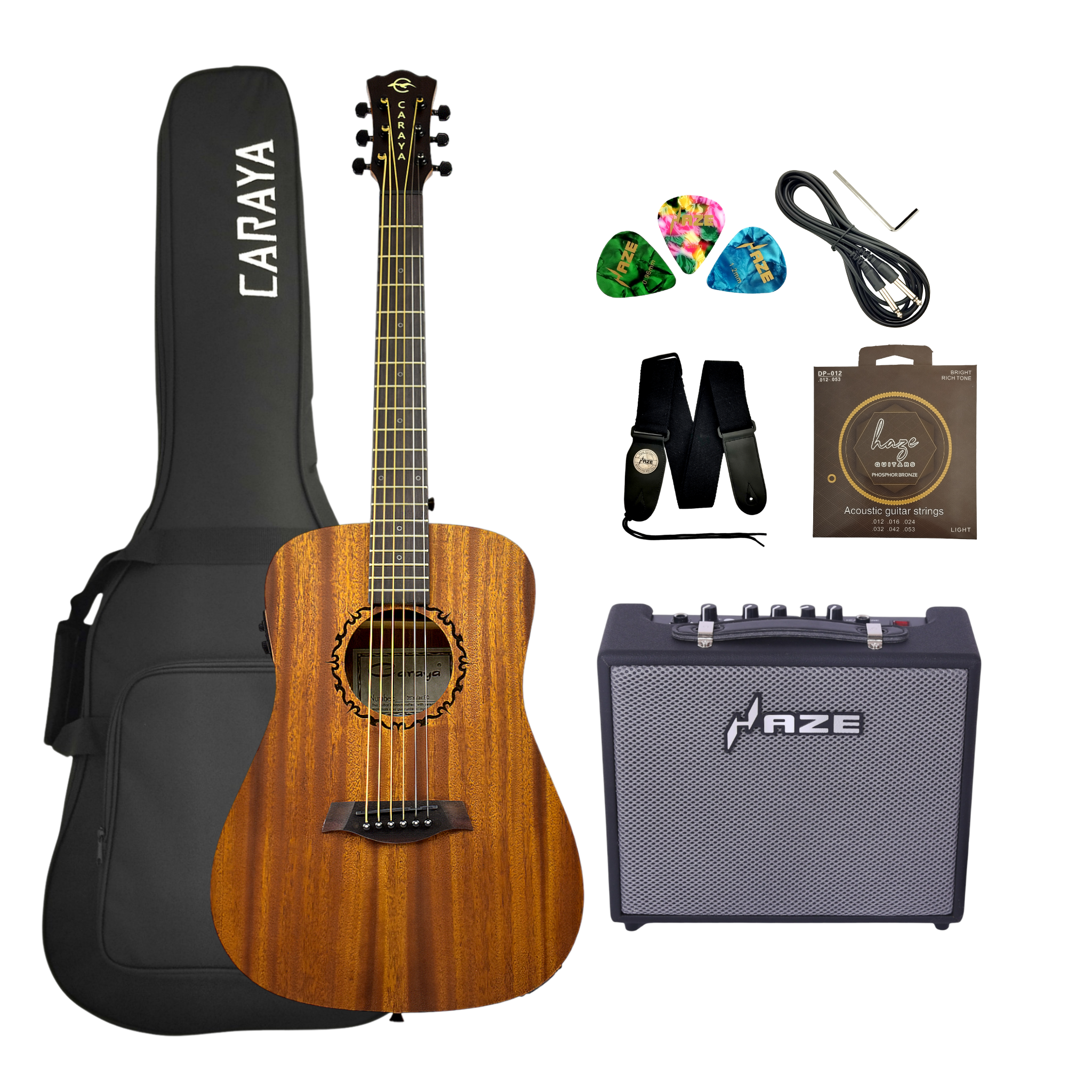 Caraya SAFAIR36EQ 36" Traveler Built-In Pickups/Tuner Acoustic Guitar - Natural  with Accessories and 10W Amp. (Optional)