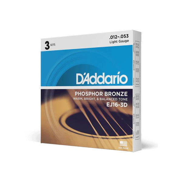 D’Addario 12-53 Phosphor Bronze Acoustic Guitar Strings – Light (.012–.053) (EJ16)