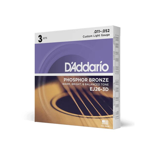 D’Addario 11-52 Phosphor Bronze Acoustic Guitar Strings – Custom Light (.011–.052) (EJ26)
