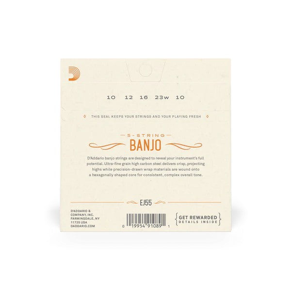 D’Addario 10-23 Phosphor Bronze Wound 5-String Banjo Strings – Medium (.010-.023) (EJ55)