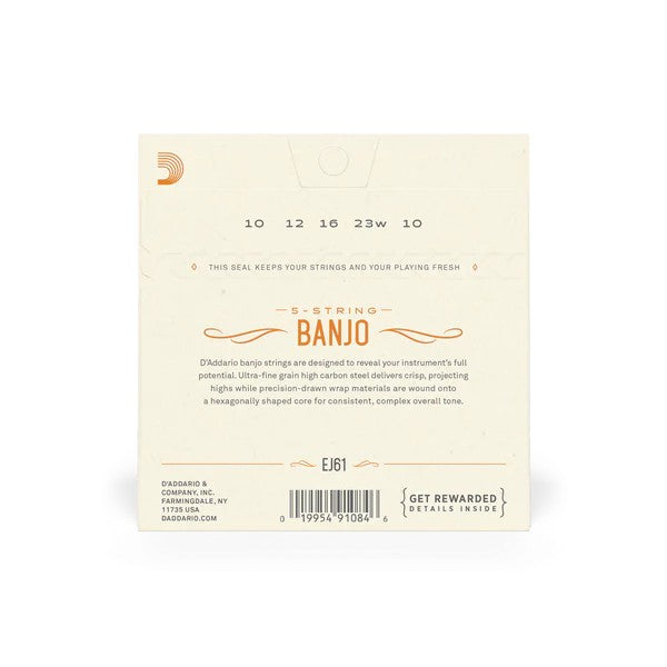 D’Addario 10-23 Nickel Wound 5-String Banjo Strings – Medium (.010-.023) (EJ61)