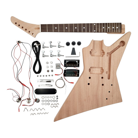 E1958 Solid Mahogany Set-Neck Explorer-Style H-H Electric Guitar DIY Kit - Complete No-Soldering w/ 3-Ply Pickguards in Black & White