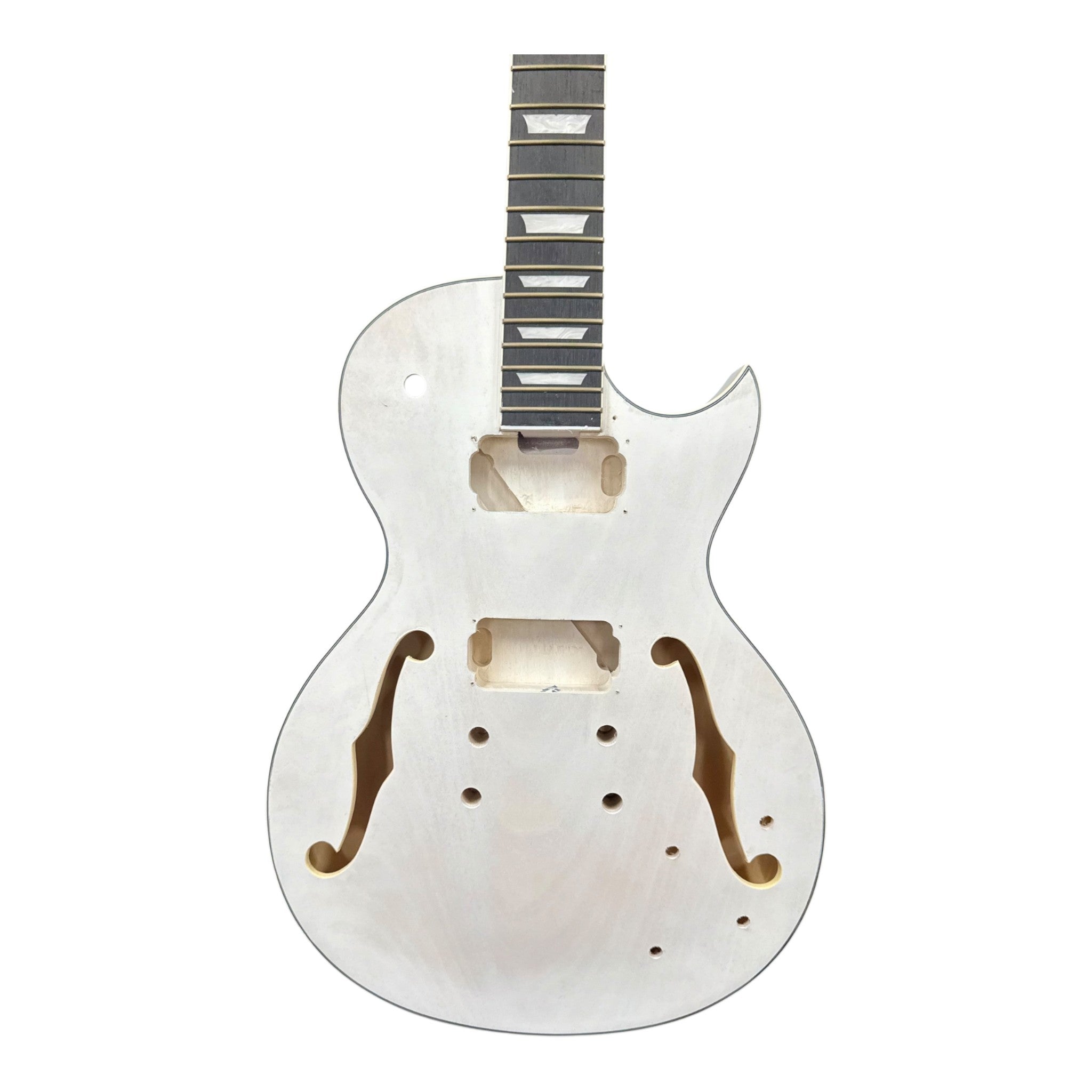 E239DIYWH Semi-Hollow White-Primed Basswood Body Maple Set-Neck HLP H-H Electric Guitar DIY Kit - Complete No-Soldering w/ 3-Ply Ebony Trims & Chrome Hardware