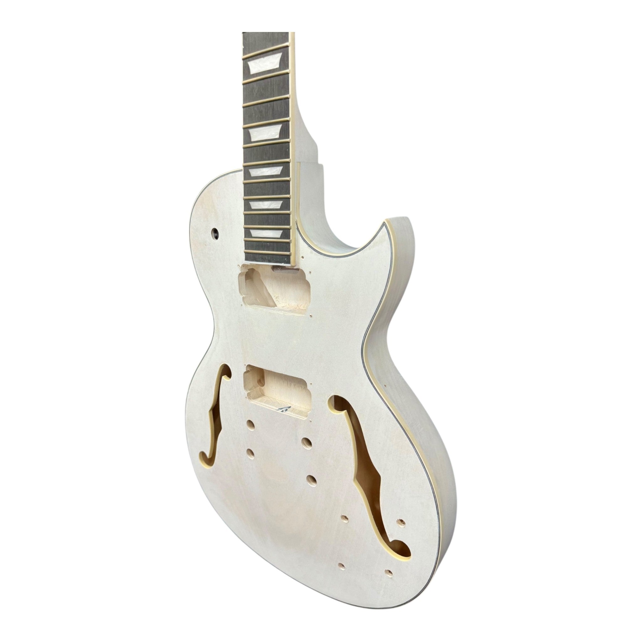 E239DIYWH Semi-Hollow White-Primed Basswood Body Maple Set-Neck HLP H-H Electric Guitar DIY Kit - Complete No-Soldering w/ 3-Ply Ebony Trims & Chrome Hardware